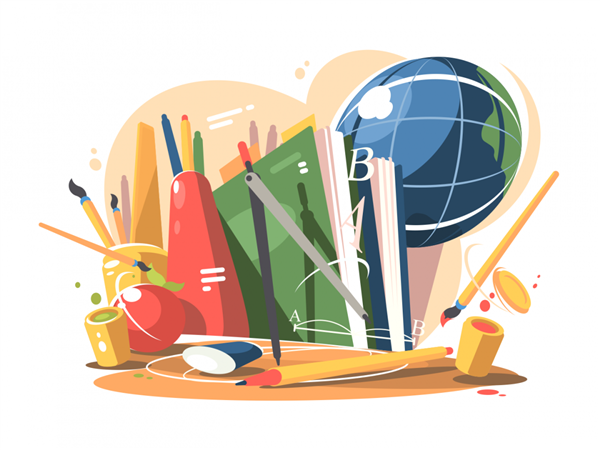  illustration of different school supplies on a desk