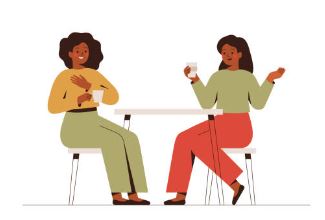  two women sitting at table with copy in cartoon style